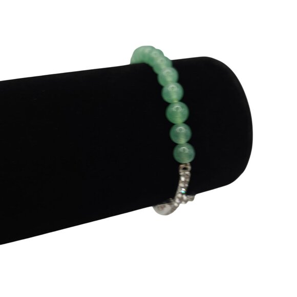 Aventurine Glass Green Beaded Silver Tone Cross Bracelet Rhinestone Sparkle - Picture 4 of 11